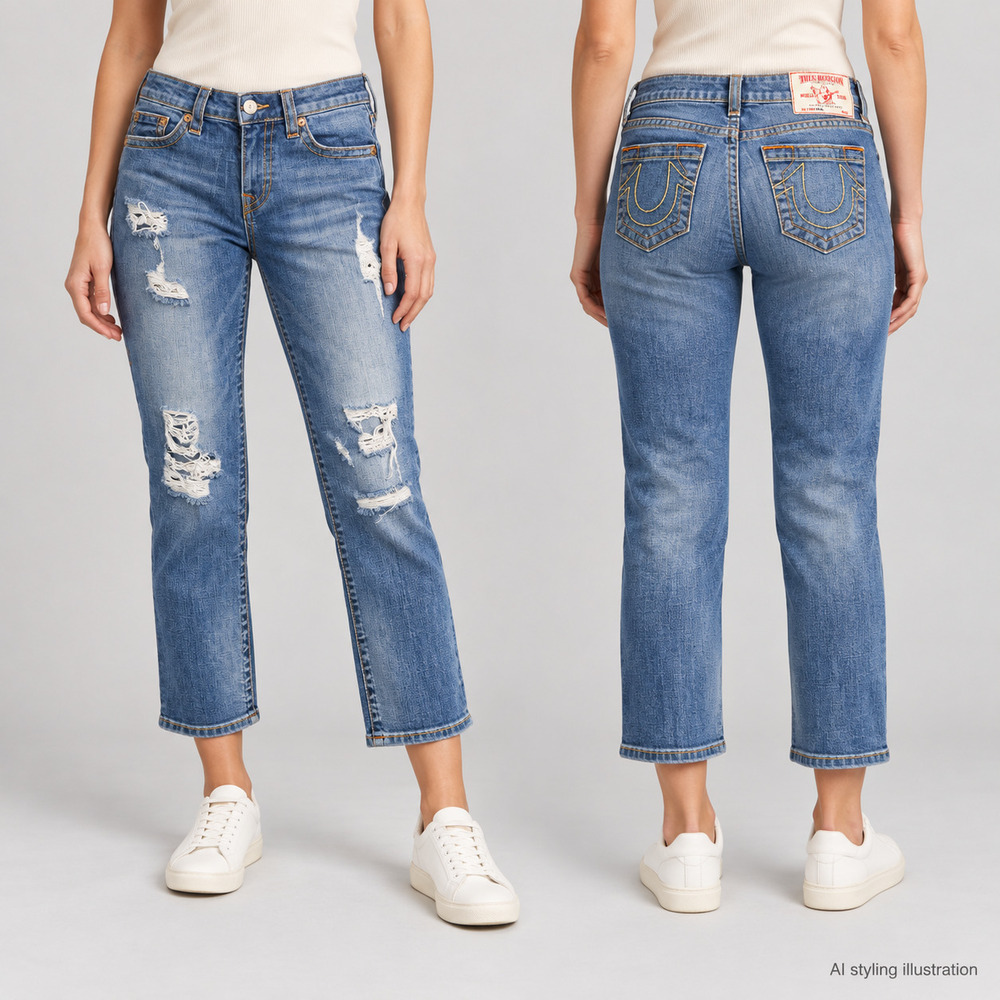 True Religion Distressed Cropped Straight Leg Jeans Size 26
